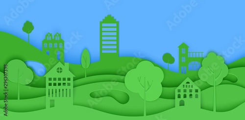 Cutout paper trees and building green wave and blue sky. Template in cut paper style for save the Earth posters, city ecology brochures, ienvironmental Protection. Vector horizontal illustration