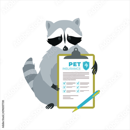 Raccoon with a pet insurance contract. Pet and Animal insurance concept. Vector illustration.