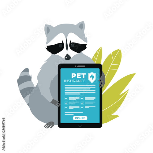 Raccoon holding a tablet with an insurance policy. Animal and pet insurance concept. Vector illustration.
