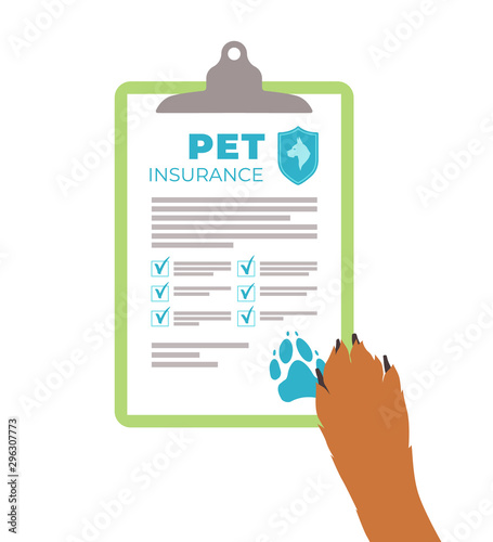 Pets and Animal insurance concept. Vector illustration. Insurance policy form on the clipboard.