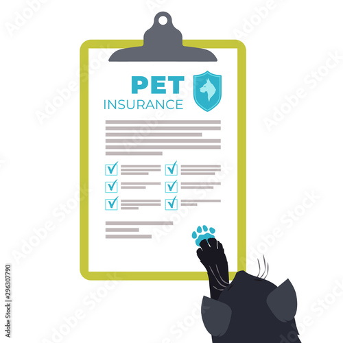 Pets and Animal insurance concept. Vector illustration. Insurance policy form on the clipboard.