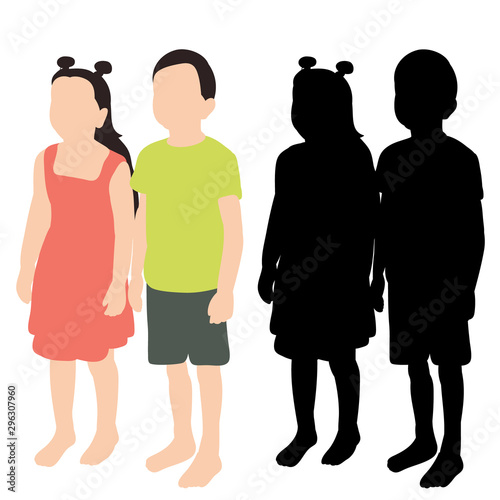 vector, isolated, flat style and silhouette children stand, friends