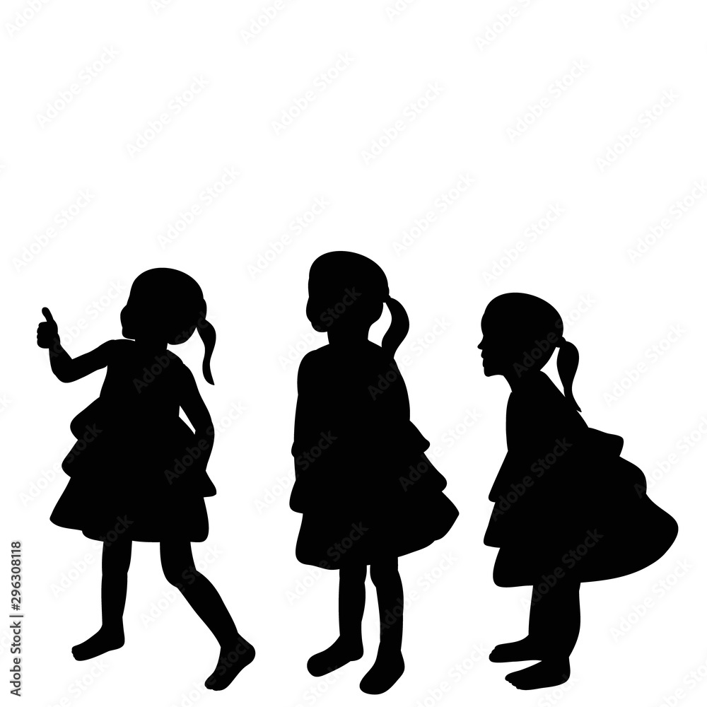 vector, isolated, silhouette children stand, girlfriends
