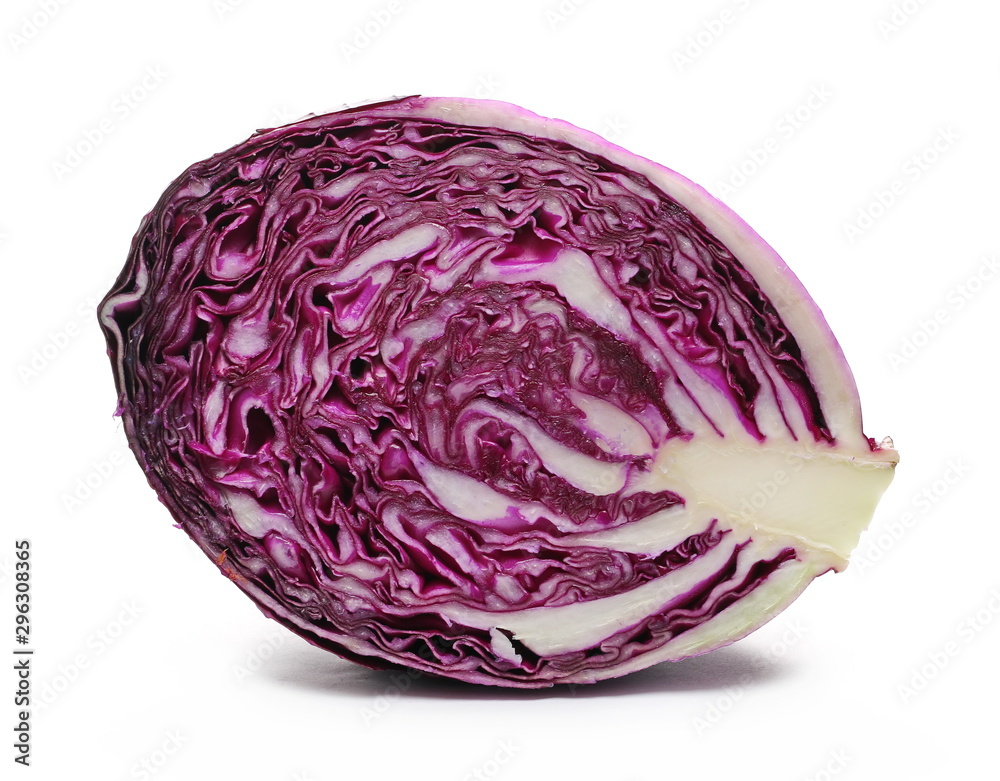 Red, purple cabbage head cut in half isolated on white background Red, purple cabbage head cut in half isolated on white background