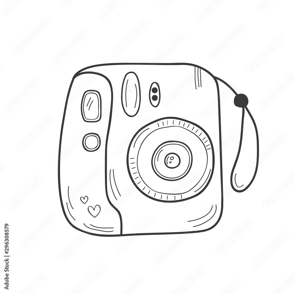 Retro instant camera drawing. Cute white mini photo camera doodle