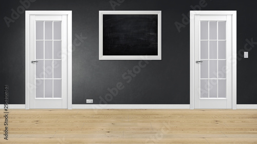 Modern office  interior hallway with two doors and blackboard 3d illustration