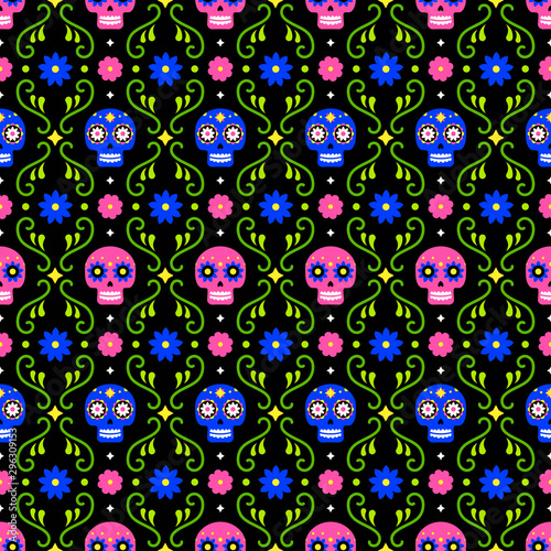 Day of the dead seamless pattern with colorful skulls and flowers on dark background. Traditional mexican Halloween design for Dia De Los Muertos holiday party. Ornament from Mexico.