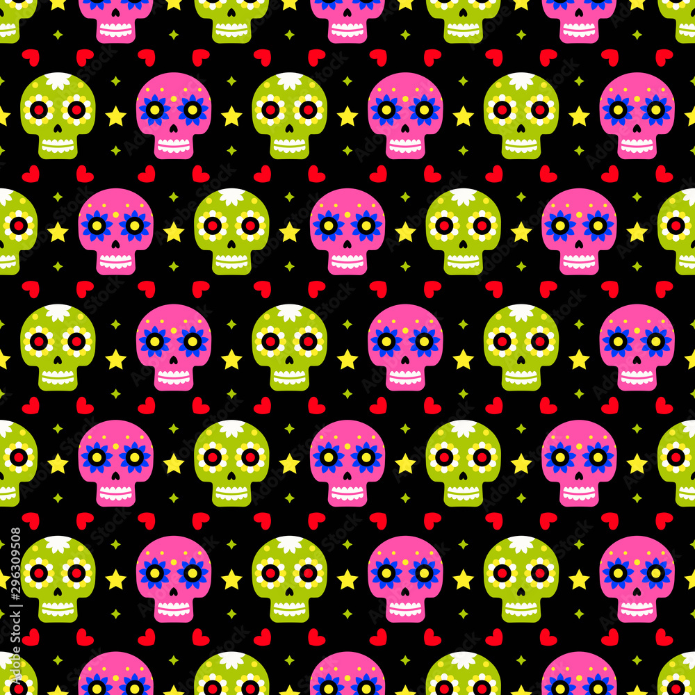 Day of the dead seamless pattern with colorful skulls on dark background. Traditional mexican Halloween design for Dia De Los Muertos holiday party. Ornament from Mexico. Day of the dead seamless pattern with colorful skulls on dark background. Traditional mexican Halloween design for Dia De Los Muertos holiday party. Ornament from Mexico.