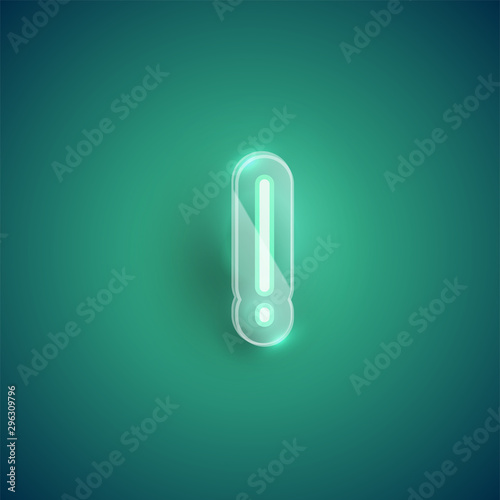 Realistic neon 'exclamation mark' character with plastic case around, vector illustration