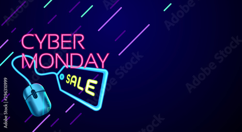 Cyber Monday colorful neon style conceptual sign sales background, banner, poster, flyer template