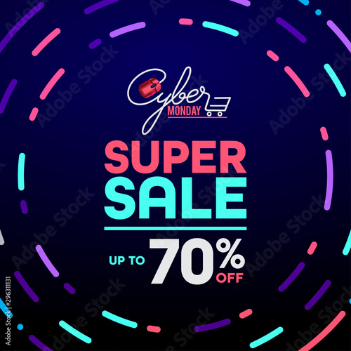 Cyber Monday colorful neon style conceptual sign sales background, banner, poster, flyer template