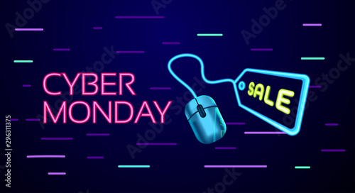 Cyber Monday colorful neon style conceptual sign sales background, banner, poster, flyer template