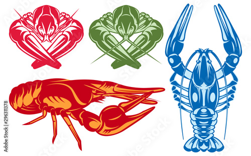Vector color set with various river crayfish