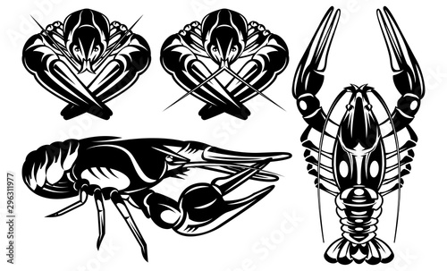 Vector Monochrome Set with Various River Crayfish