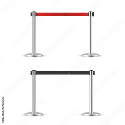 Retractable belt stanchion set. Portable ribbon barrier. black and red fencing tape.