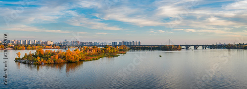 Evening Kiev panorama Dnipro Ukraine river sunset coast reflection water travel vacation autumn time