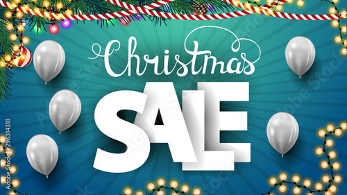 Christmas sale, blue square discount banner with large volumetric letters and white balloons against blue background