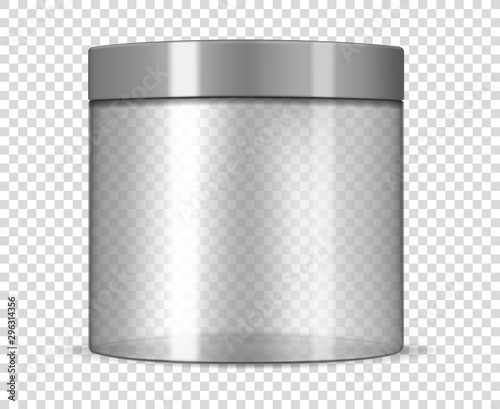 Empty clear cosmetic jar with lid on transparent background, realistic mockup. Round container with screw cap, template. Beauty product packaging, vector mock-up