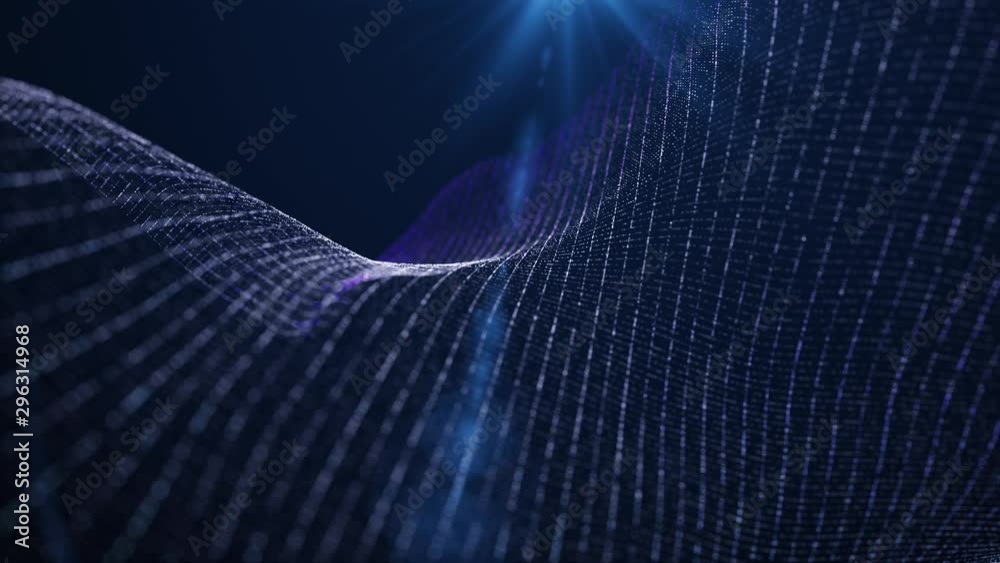Digital blue color particles wave flow abstract motion background