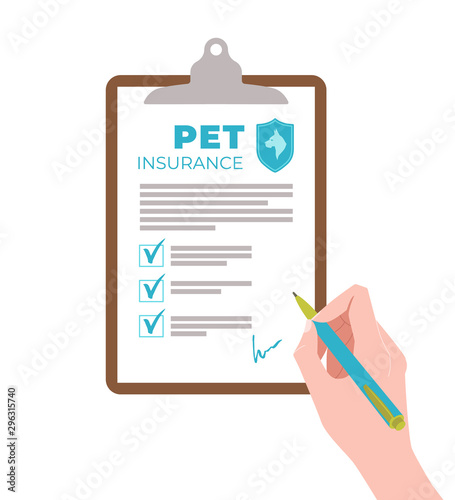 The hand signing the pet insurance contract. Concept of pet insurance. Vector illustration.