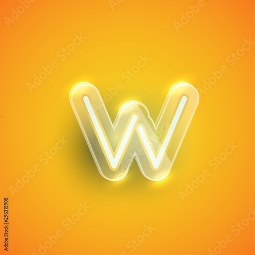 Realistic neon W character with plastic case around, vector illustration