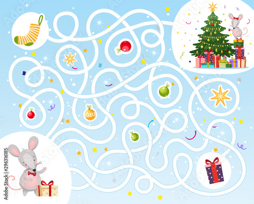 Help the mouse find a way to visit with a gift for the new year. Maze game for children. Christmas game with cute rats. Labyrinth in flat cartoon design, stock vector.