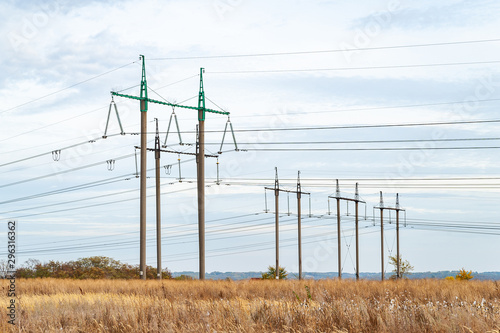 High voltage power line. High voltage line pylons in cloudy weather.