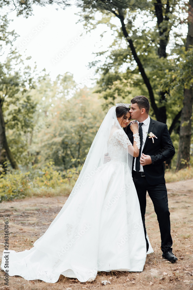 Naklejka premium Happy newlywed couple walking in the park. Beautiful bride with her husband in the park. They are walking. Close up of a newlywed couple, a bride with a beautiful hair style and make up. 