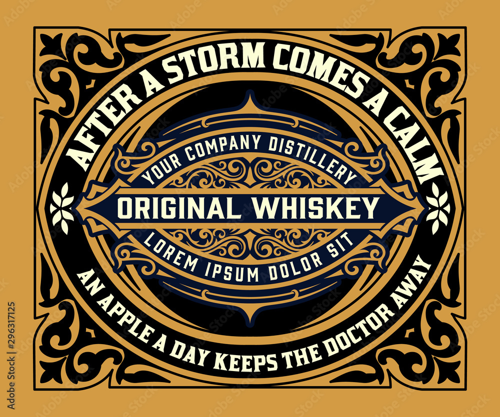 Viintage label design. Ornate logo template for tequila, whiskey, spirituous drinks label.