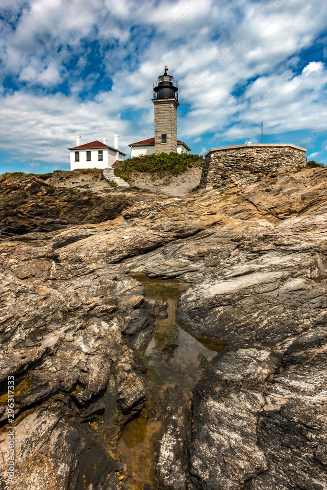 Beavertail Lighthouse Over Unique Rock Formation