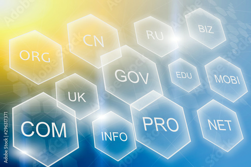Internet domain name registration. Online url address for business company. Com, biz, info, edu and other domains in hexes on abstract background.