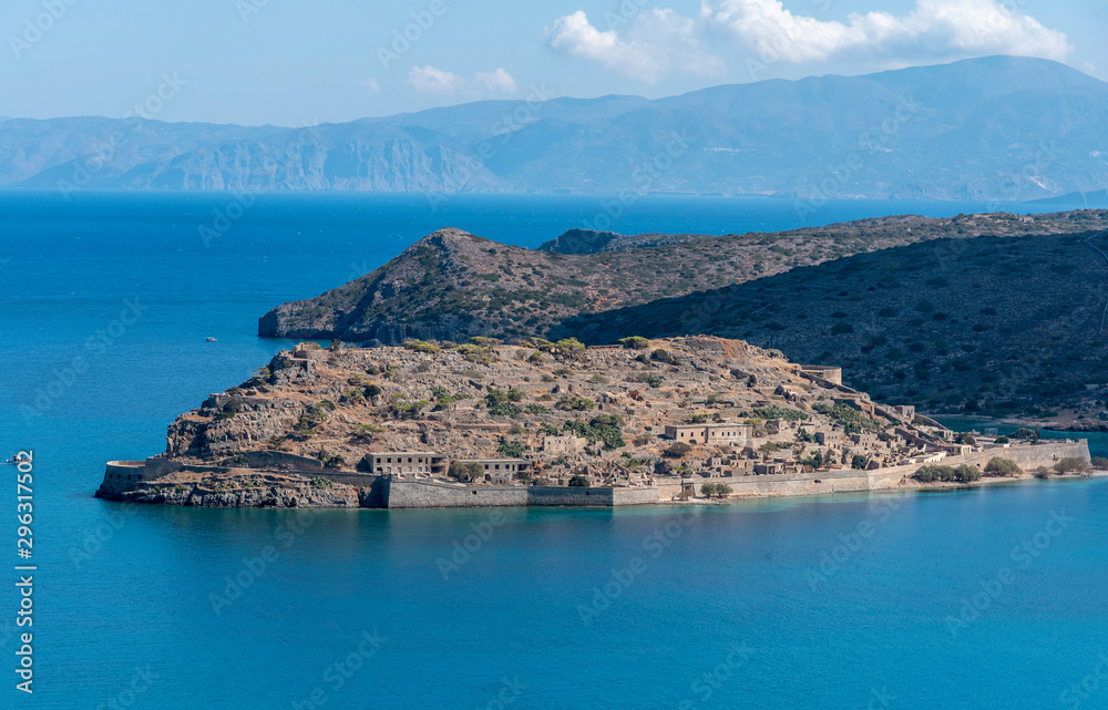 Spinalonga Island, Crete, Greece. October 2019. An overview of the former leper colony, Spinalonga on the Mirabella Sea, off of Plaka, Crete.