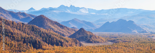 Panoramic view of autumn nature. Autumn forest and blue peaks.
