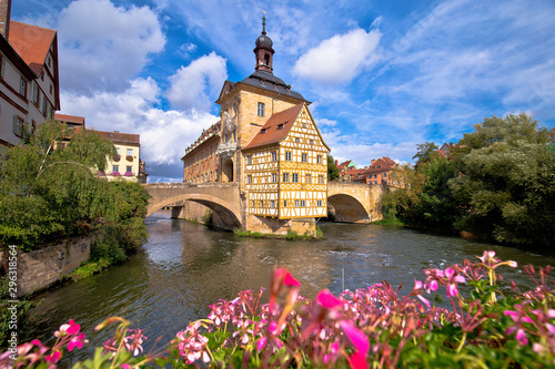 Bamberg. Scenic view of Old Town Hall of Bamberg (Altes Rathaus) with two bridges over the Regnitz river