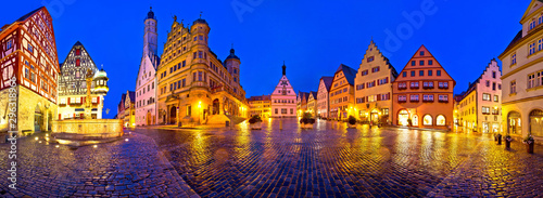 Main square (Marktplatz or Market square) of medieval German town of Rothenburg ob der Tauber evening panoramic view. photo