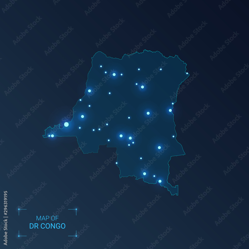 DR of the Congo map with cities. Luminous dots - neon lights on dark background. Vector illustration.