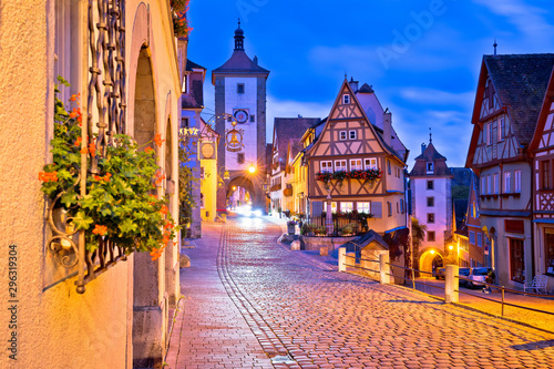 Cobbled street of historic town of Rothenburg ob der Tauber dawn view