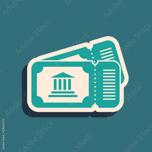 Green Museum ticket icon isolated on blue background. History museum ticket coupon event admit exhibition excursion. Long shadow style. Vector Illustration