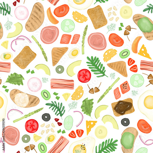 Seamless pattern of different elements of vegetable and meat ingredientsfor sandwiches  hand drawn on a white background