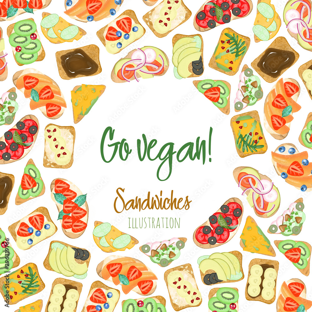 Round frame of vegetarian sandwiches with fruits and vegetables, hand drawn on a white background Round frame of vegetarian sandwiches with fruits and vegetables, hand drawn on a white background