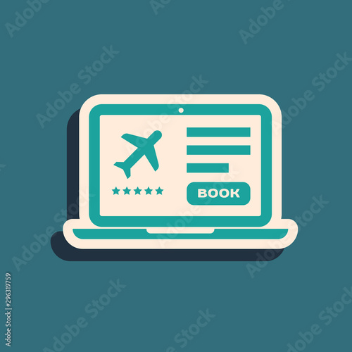 Green Laptop with electronic boarding pass airline ticket icon isolated on blue background. Passenger plane mobile ticket for web and app. Long shadow style. Vector Illustration