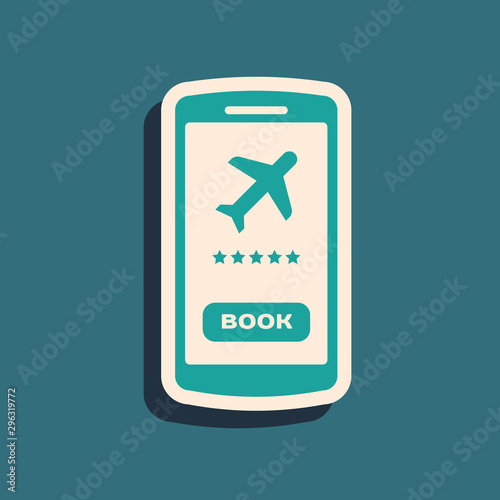 Green Smartphone with electronic boarding pass airline ticket icon isolated on blue background. Passenger plane mobile ticket for web and app. Long shadow style. Vector Illustration