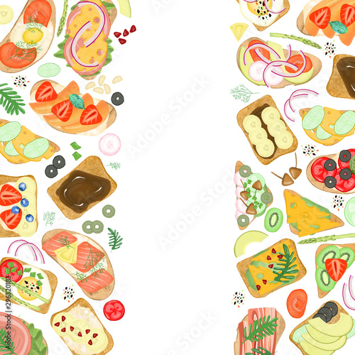 Borders of sandwiches with different ingredients, hand drawn on a white background
