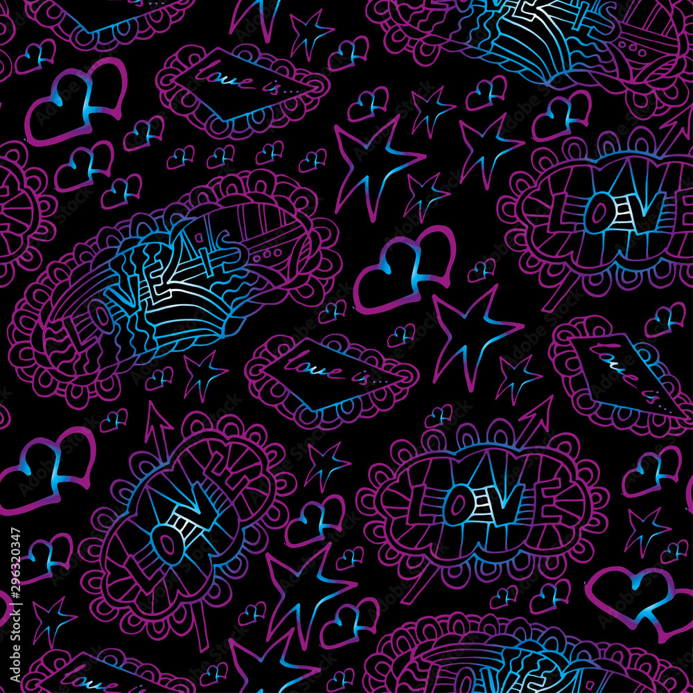 Fototapeta premium Greeting card for Valentine's Day. Hand drawn sketch. Seamless pattern, bright ornament, contour.