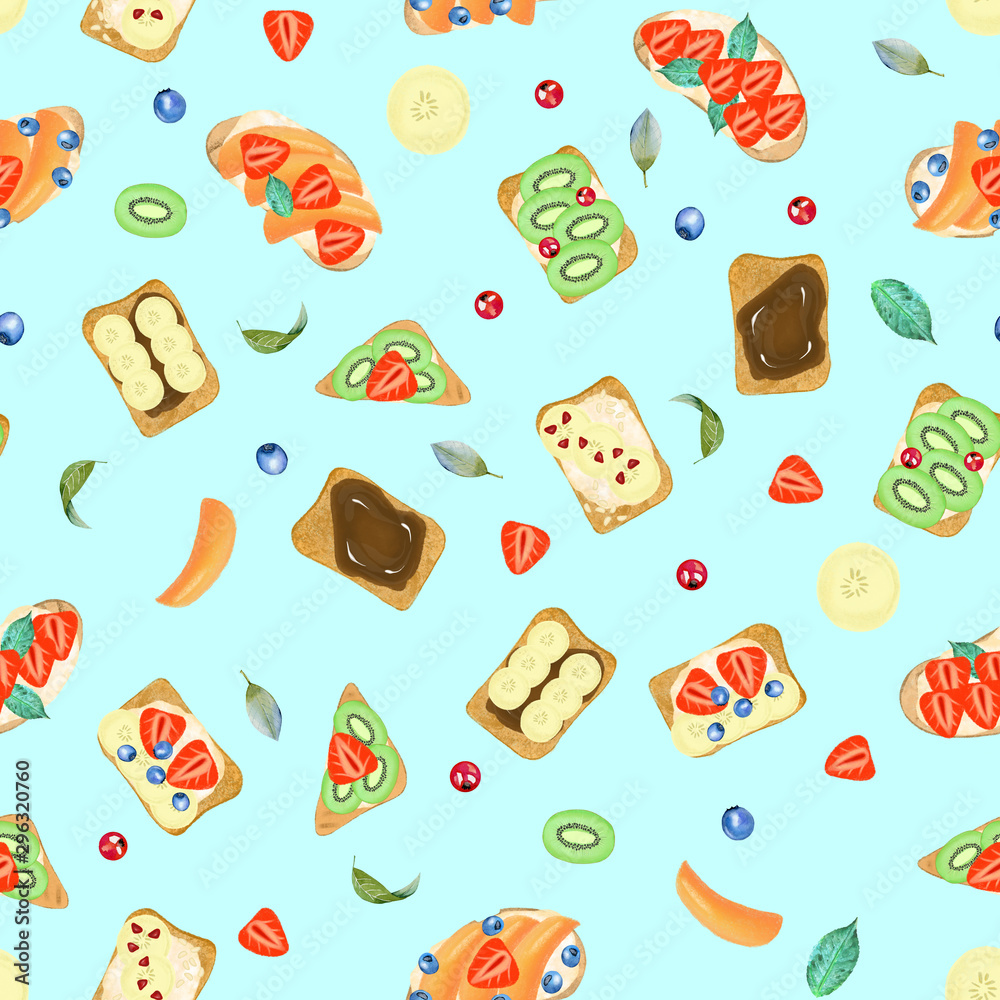 Seamless pattern of sweet toasts with different ingredients, hand drawn isolated on a turquoise background Seamless pattern of sweet toasts with different ingredients, hand drawn isolated on a turquoise background