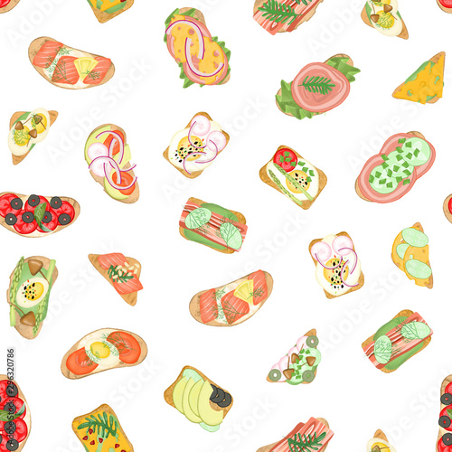 Seamless pattern of meat toasts with different vegetable ingredients, hand drawn isolated on a white background
