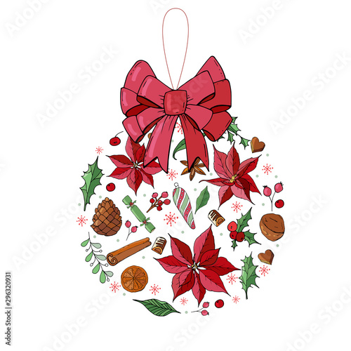Christmas bauble hanging on ribbon on white background.