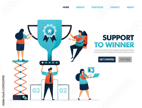 Support to winner to get award and prize. Trophy and certificate for result of teamwork. Help to achieve goal and achievement. Top best ranking get cup. Illustration for website, mobile apps, poster