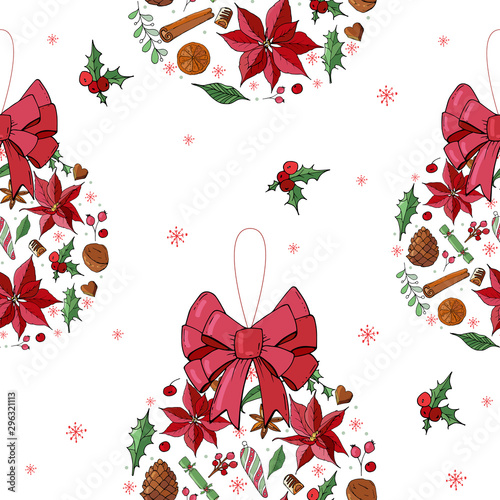 Christmas balls Seamless Background. Hand drawn doodle style festive baubles Pattern in vector.