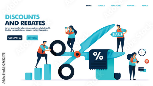 Discounts and rebates in shopping. Butts cut discount voucher. Bonus deduction for e-commerce purchase and service. Discount for payments and bills. Human illustration for website, mobile apps, poster